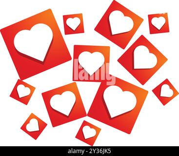 Many red squares with white hearts are flying and forming a big heart shape over a white background Stock Vector