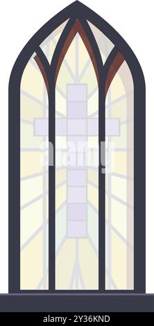 Tall arched church stained glass window with a cross design in the center is letting light through Stock Vector