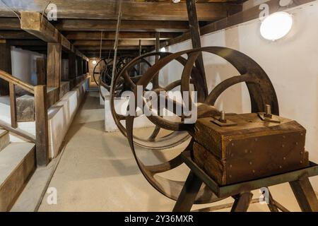 Old mechanism in mill. Pulleys with drive belt Stock Photo