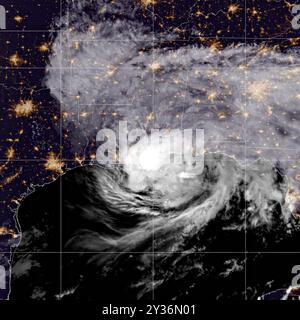 New Orleans, United States. 11th Sep, 2024. Hurricane Francine, a Category 2 hurricane slams into the coast of Louisiana near Vermillion Bay as seen from the NOAA-21 satellite during nightfall, September 11, 2024 in Earth Orbit. Francine will be the third hurricane to make landfall in the United States so far this season. Credit: NOAA-21 Satellite/NASA/Alamy Live News Stock Photo