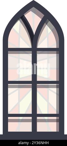 Tall arched church window with a stained glass design is letting light through Stock Vector