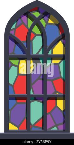 Tall gothic arched window with colorful stained glass letting light through Stock Vector