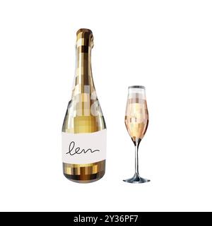 Champagne and glass mirror ball disco ball New Year and Christmas, mosaic style on white background vector Stock Vector