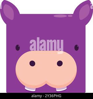 Square icon of a funny cartoon hippopotamus face smiling on a white background Stock Vector