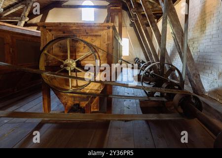 Old mechanism in mill. Pulleys with drive belt Stock Photo