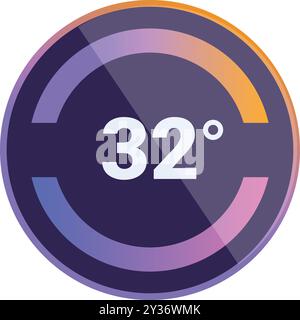 Round icon with a gradient from purple to orange is showing 32 degrees celsius Stock Vector