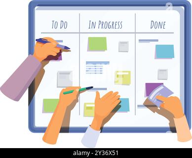 Hands of businesspeople sticking colorful sticky notes on a whiteboard, planning and scheduling tasks in the office Stock Vector