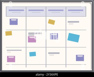 Kanban board is being used to track the progress of work and organize tasks Stock Vector