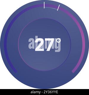 Round thermostat with a blue background and a purple progress bar is showing increasing temperature reaching 27 degrees celsius Stock Vector