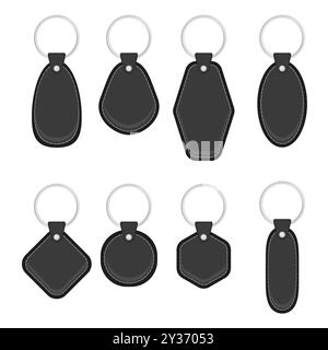 Vector leather holder trinket, keychain for key. Metal ring. Label of black fob for car or office. Keyring on white background. Blank accessory. Stock Vector