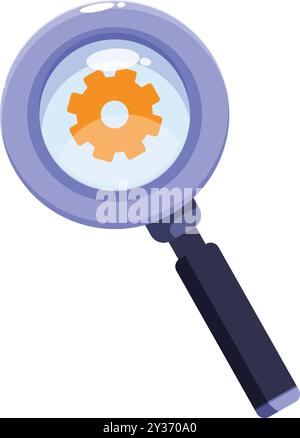 Magnifying glass is focusing on a gear setting, conveying the concept of problem solving, analysis, and finding solutions Stock Vector