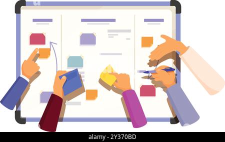 Business people team working and planning project using scrum agile method with kanban board on whiteboard in office Stock Vector