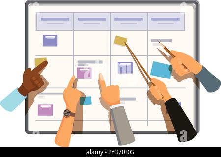 Hands of business people working on a project pointing at sticky notes on a board Stock Vector