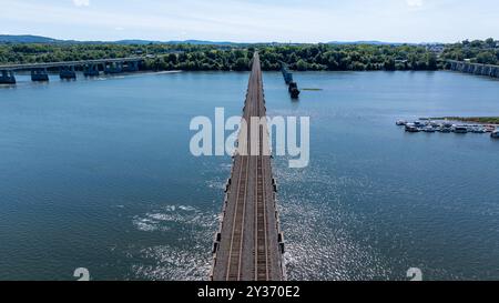 Late summer, early fall aerial, drone, photo of the Harrisburg Pennsylvania skyline and the Susquehanna River. September 2024. Stock Photo