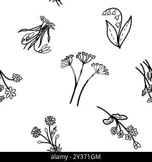 Vector Floral Seamless Pattern, delicate Black Line art Flowers. Snowdrop, Daisy, Lily of the valley, Forget-me-not, Cornflower. Minimalist drawing Stock Vector