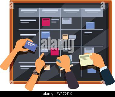 Hands of businesspeople using sticky notes on a kanban board, planning and scheduling tasks Stock Vector