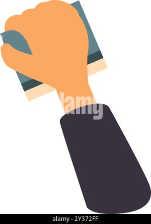 Cartoon illustration of a hand holding a sponge cleaning a surface Stock Vector