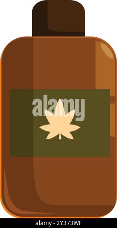 Brown plastic bottle containing cannabis oil with a green label featuring a gold marijuana leaf logo is isolated on a white background Stock Vector