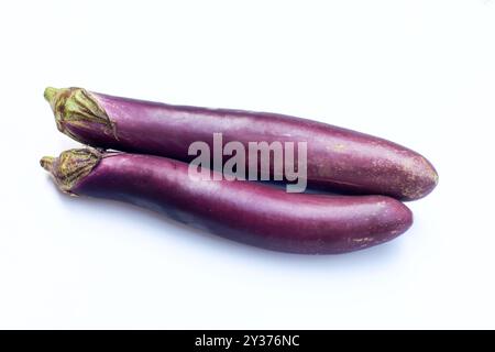 Two purple eggplants or aubergines isolated on white background Stock Photo