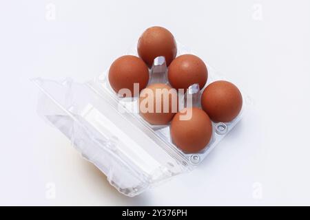 Half a dozen eggs in a cardboard carton Stock Photo