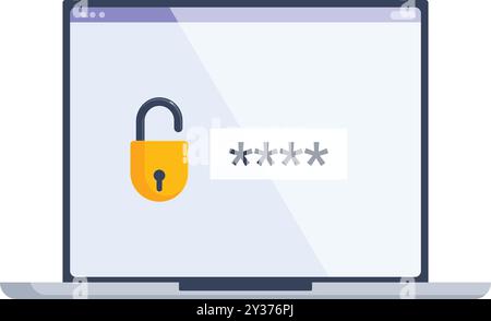 Laptop is displaying a password protected login screen with an unlocked padlock icon, symbolizing cybersecurity and data protection Stock Vector