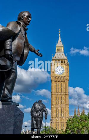 london, england - 05-23-2024: Big Ben with statues of Winston Churchill (center) and David Lloyd George Prime Minister (left) Stock Photo