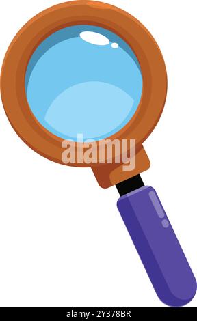 Cartoon magnifying glass with a wooden frame and a blue handle is looking closely Stock Vector