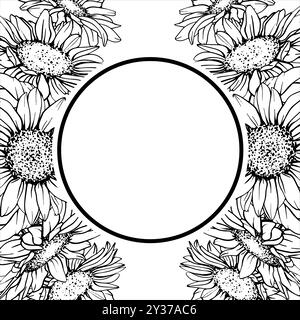 Round Sunflowers Frame with space for text. Vector illustration Graphic Flowers Pen and Ink Drawing on white background. Botanical engraving design Stock Vector