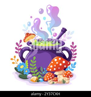 Vector illustration of magical witch's cauldron bubbling with glowing potion, surrounded by mushrooms and flowers Stock Vector