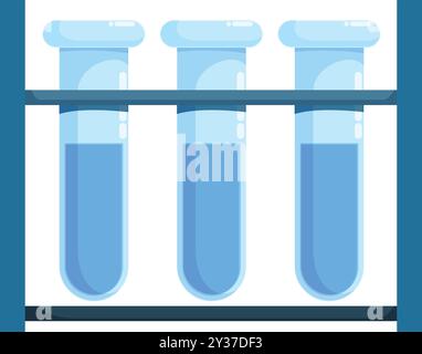 Laboratory glassware with blue liquid inside is standing on a rack on white background Stock Vector