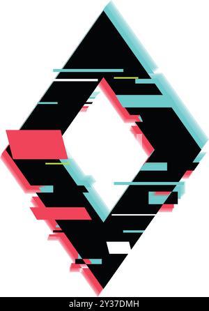 Black diamond shape is glitching with pink and turquoise digital distortion effect on a white background Stock Vector