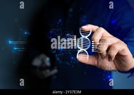 Businessman hold biotechnology icon on virtual screen. Biotechnology concept, research, development, innovation, advancing smart solutions from digita Stock Photo