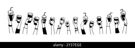 Raising hands up with coffee. Cute line doodle. Different types and size hot drinks. Group of people, men and women in the morning at breakfast. Frien Stock Vector