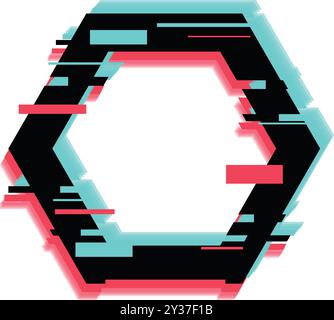 Hexagon frame is glitching with turquoise and coral offset color blocks Stock Vector