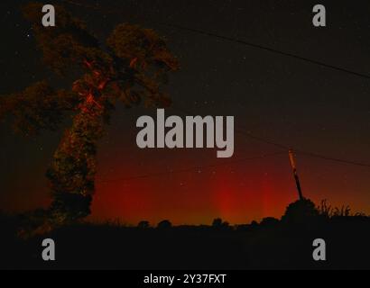 Doddiscombsleigh, Devon, UK. 13th Sep, 2024. Northern lights in the night sky over Doddiscombsleigh, Devon, UK. Aurora Borealis. Credit: nidpor/Alamy Live News Stock Photo