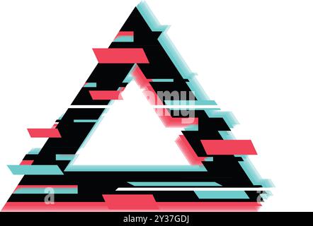 Black and white triangle is glitching with pink and blue stripes on a white background Stock Vector
