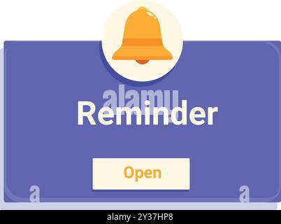 Reminder notification window is appearing on a display with a bell icon Stock Vector