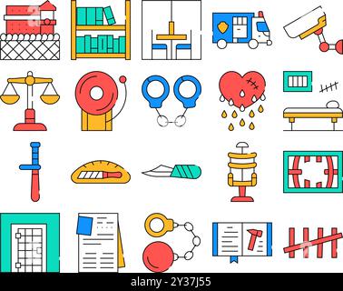 Prison Building And Accessory Icons Set Vector. Prison Cell And ...