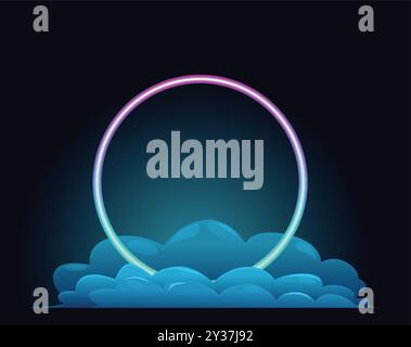 Round neon sign with copy space is floating on clouds over a dark background Stock Vector