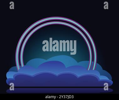 Glowing neon circle floating on clouds creates a stage with copy space Stock Vector