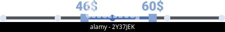 Price range slider showing value change with blue color from 46 to 60 dollars Stock Vector