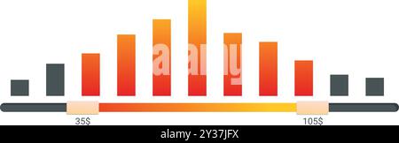 Price range selection bar with a yellow cursor moving from 35 to 105 dollars Stock Vector