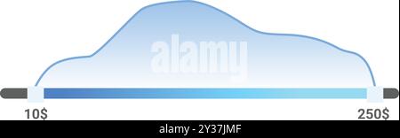 Blue price range slider showing value change from ten to two hundred and fifty dollars Stock Vector