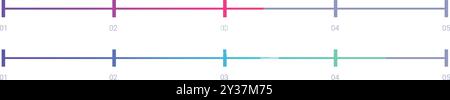 Two timelines showing a project progressing through five steps with different completion levels indicated by color gradients Stock Vector