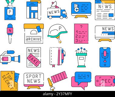 Journalist Accessories Collection Icons Set Vector Illustrations Stock Vector