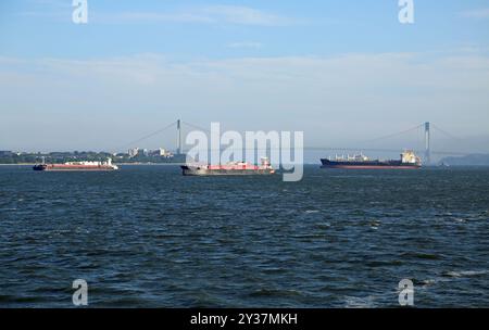 View at Verrazzano Bridge from Upper Bay, New York City Stock Photo