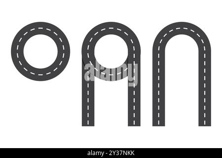 Road letters vector. Circular road shapes. Unique road typography. Gray asphalt texture. Stock Vector