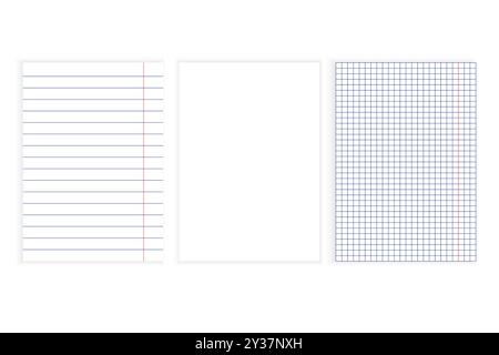 Notebook paper set. Lined sheet vector. Blank and grid papers. School stationery templates. Stock Vector