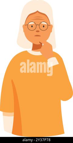 Senior woman with glasses touching her chin with hand, showing a thoughtful and pensive expression Stock Vector
