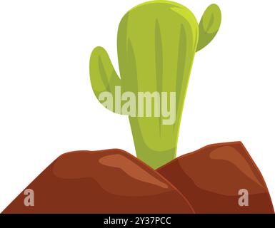 Cartoon style illustration of a green cactus growing in brown sand hills Stock Vector